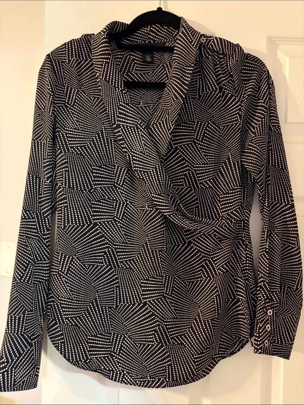 White House Black Market Black and White Geometric Wrap Blouse